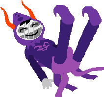 image of gamzee makara from homestuck in his god tier outfit, lying on his back with his legs in the air and smiling